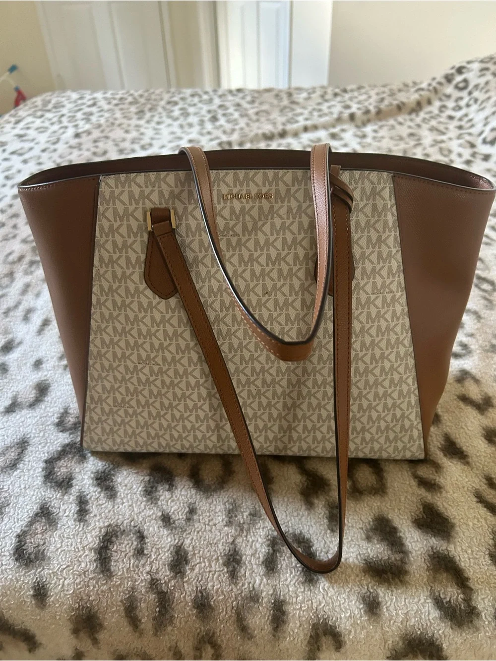 Michael Kors Cream MK Signature Tote with Brown Trim